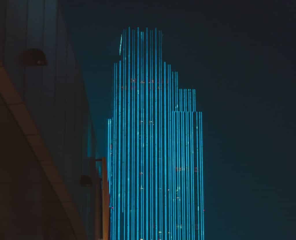 A building adorned with lights in Qingdao, Shandong, China