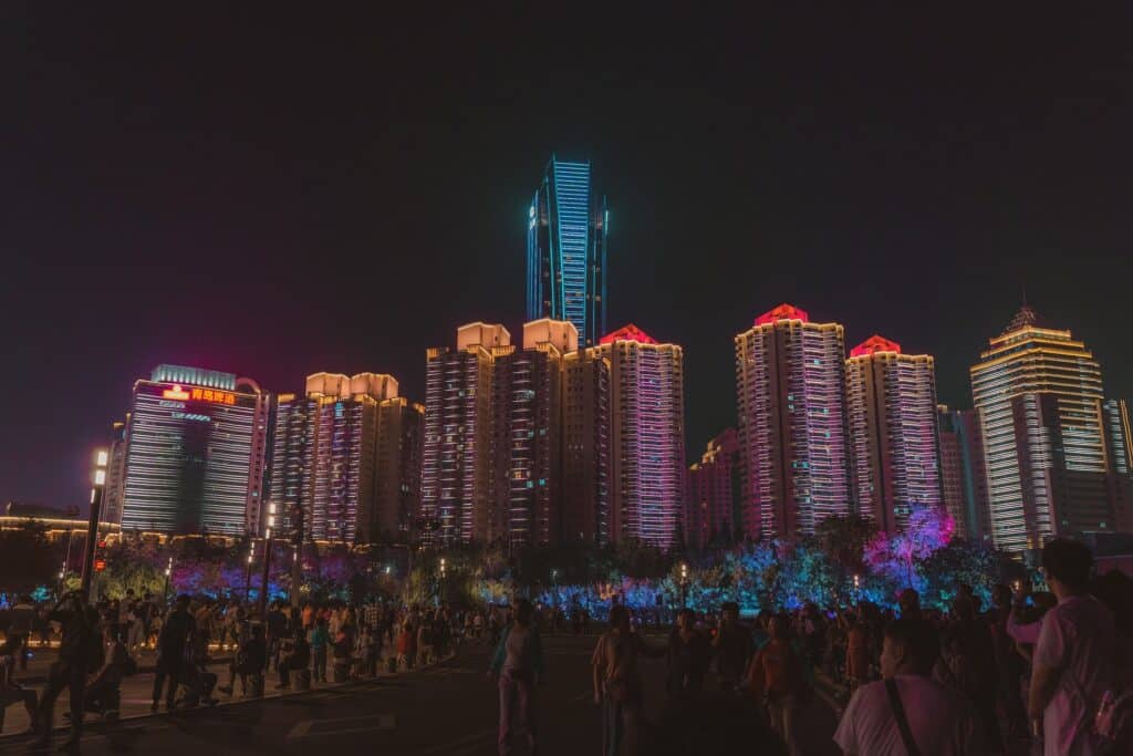 Night lights illuminate the city streets of Qingdao, Shandong, China