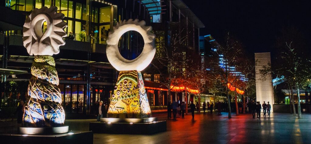 Night lights illuminate the streets of Melbourne CBD