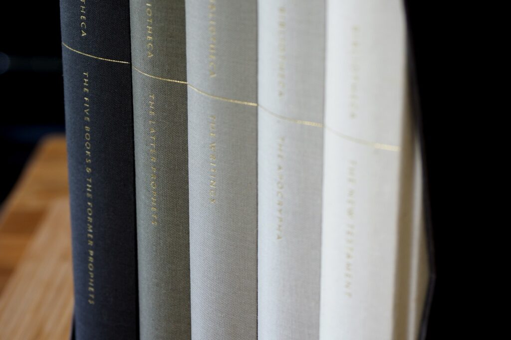book spines with different colours and with gold prints