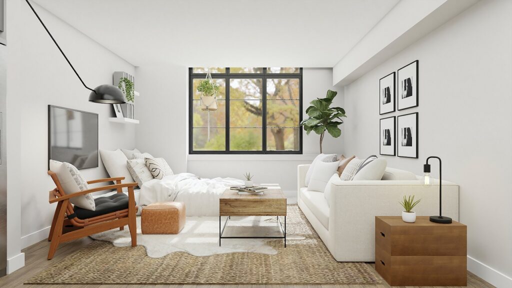 living room with white sofa and glass window