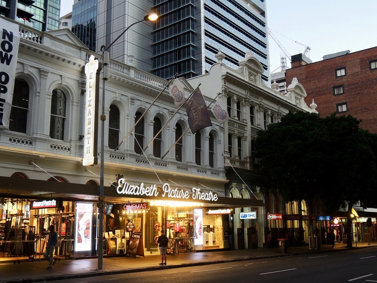 an early evening shot of the elizabeth picture theatre in brisbane city, australia