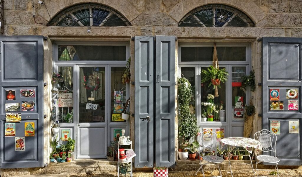 storefront of a beautiful cafe in the lebanese mountains of douma