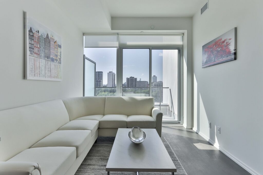 a minimalist living room of a high-rise apartment