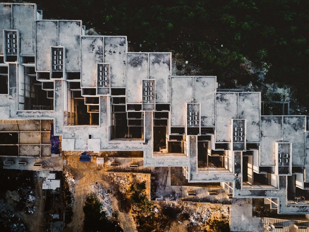 a bird's eye view of a series of buildings that are under construction