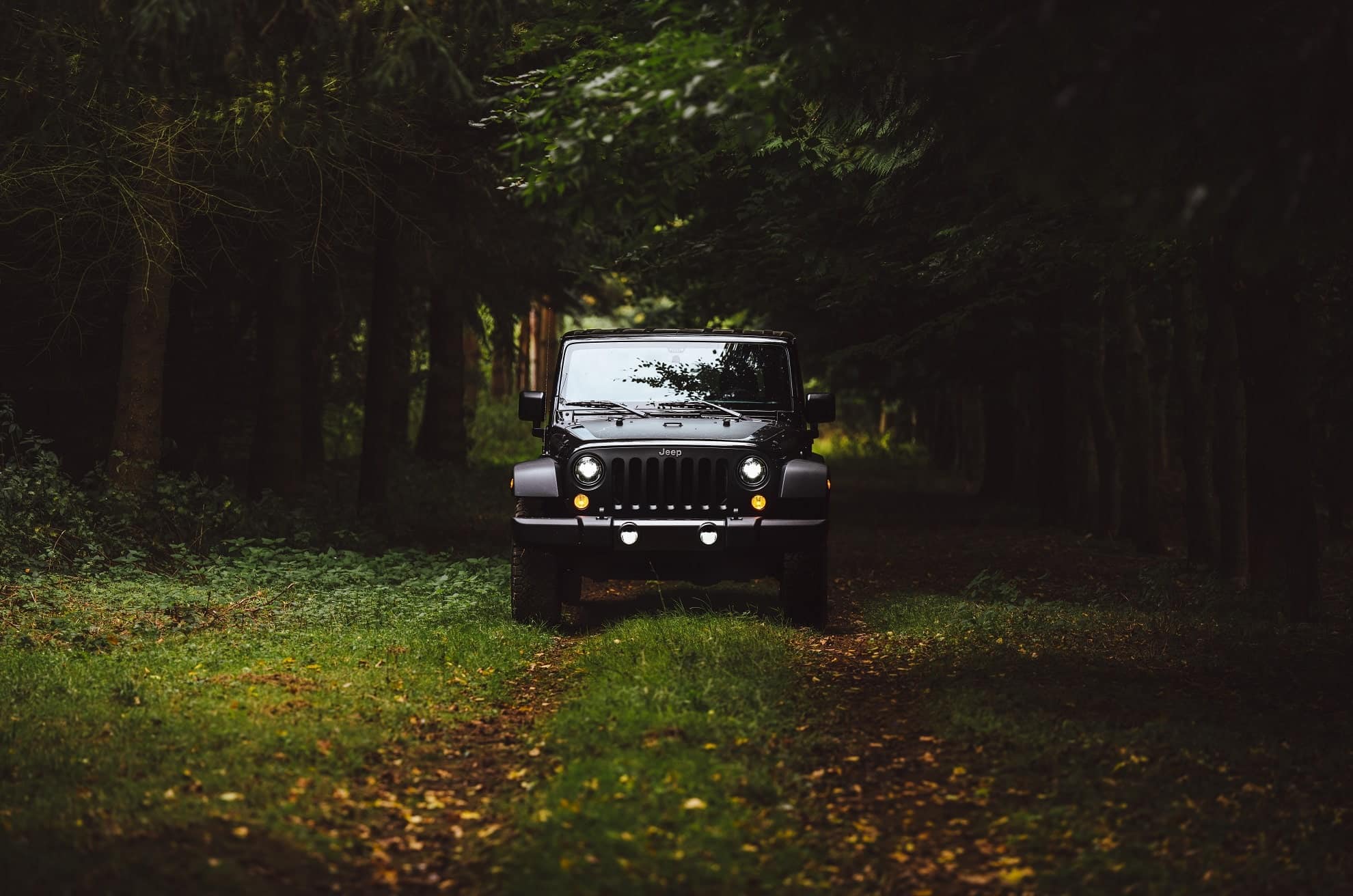 A jeep driving along a dirt road in an autumn afternoon