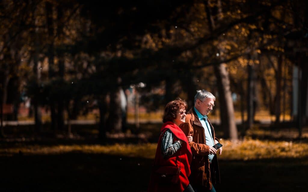 a retired couple taking a walk