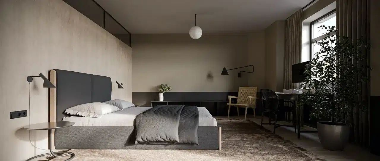 a modern bedroom with a rustic theme
