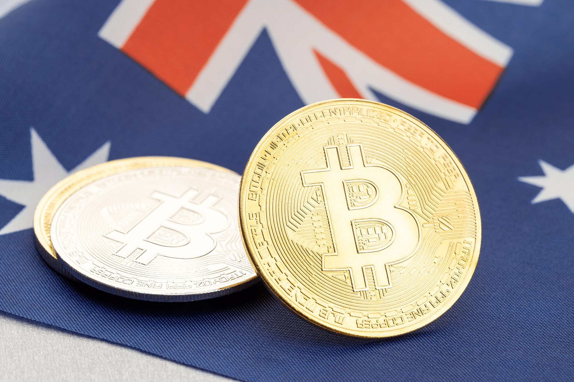 Bitcoin crypto coins on national flag of Australia.