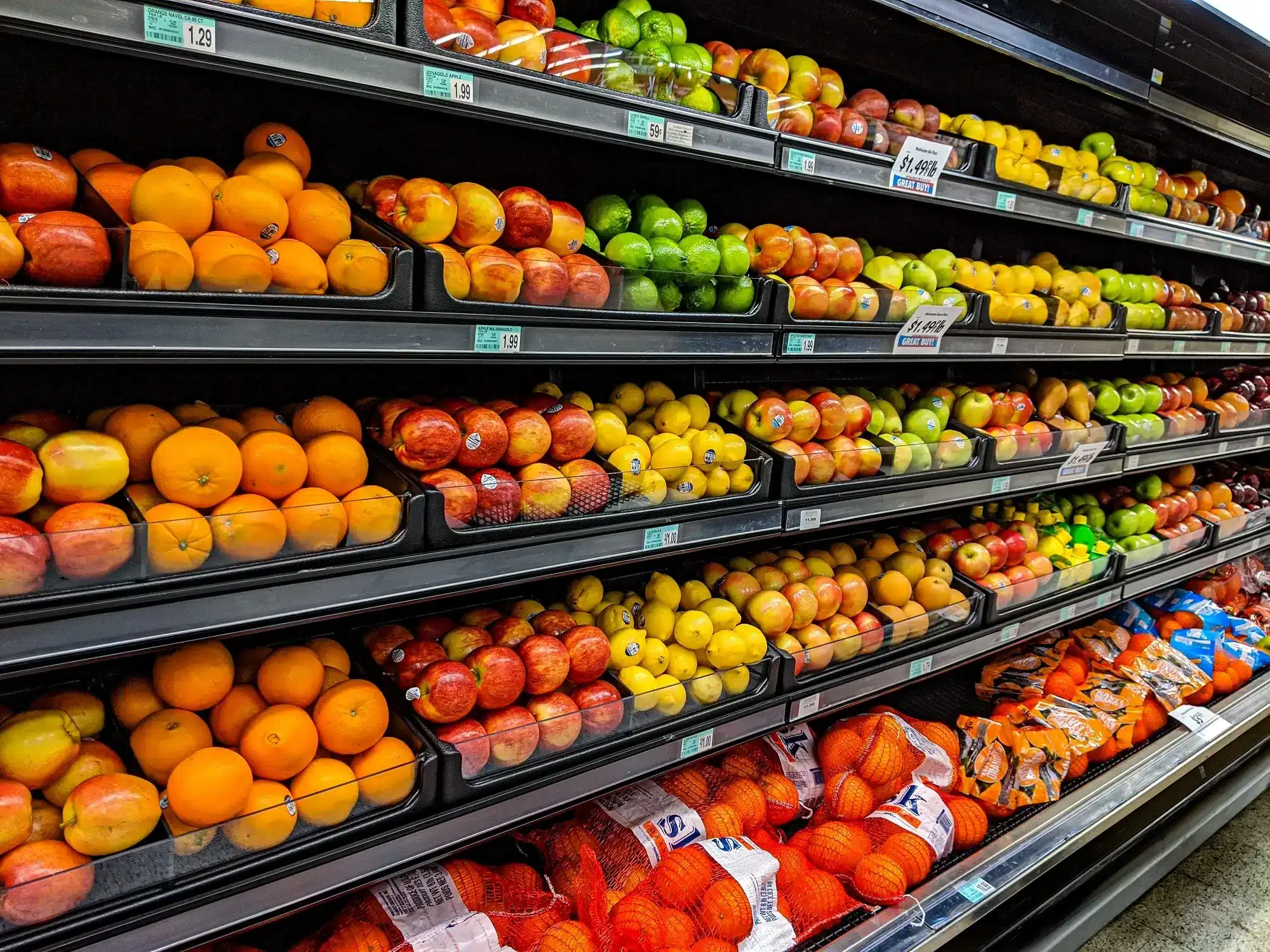 Fruit display in supermarket grocery store.