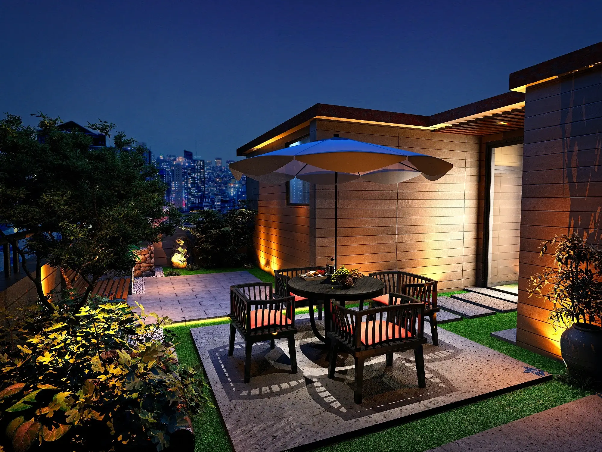 A 3D rendering of a house's terrace illuminated by night lights, representing the concept of trust resettlement.