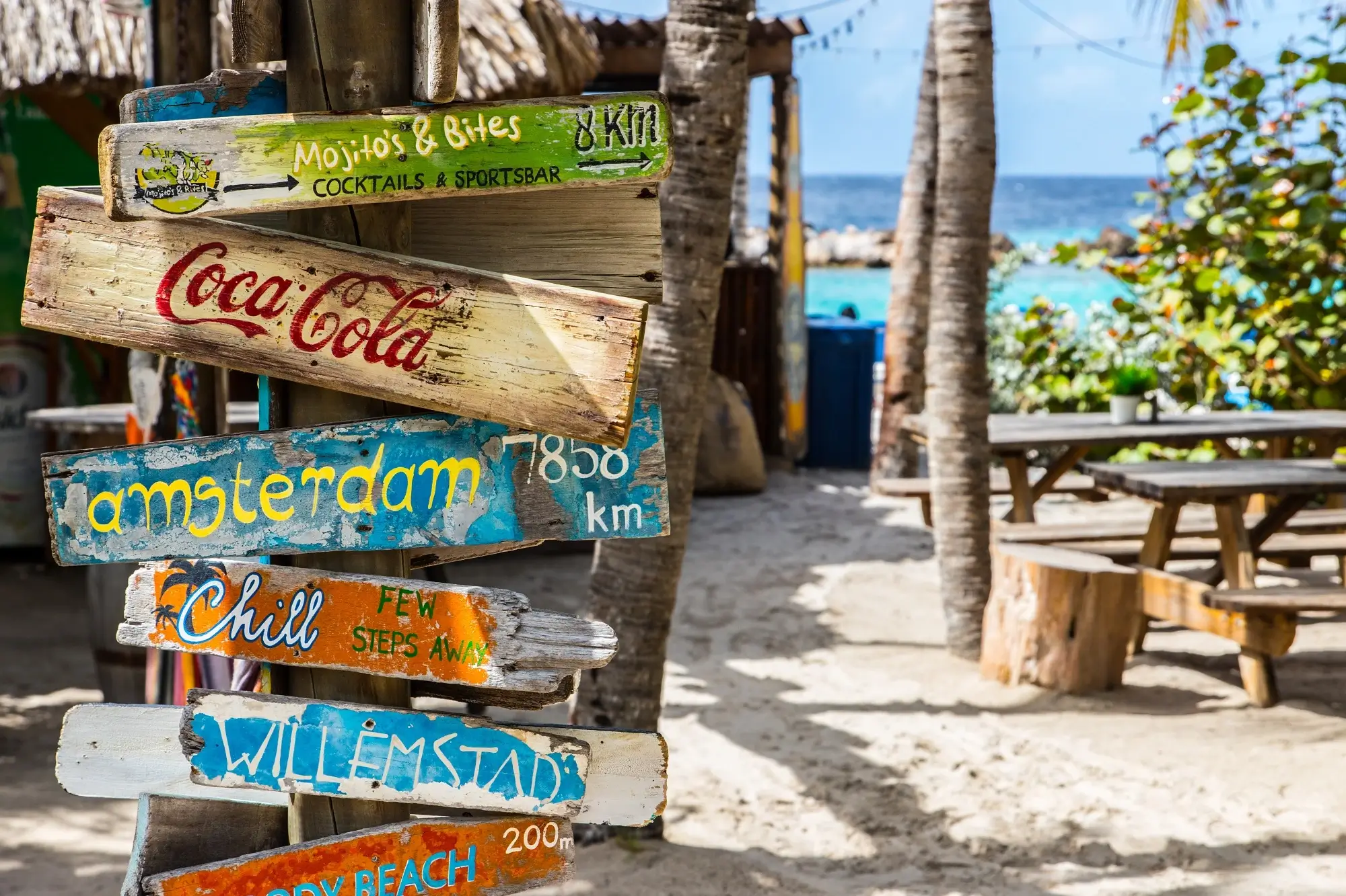 Wooden signages by the seashore.